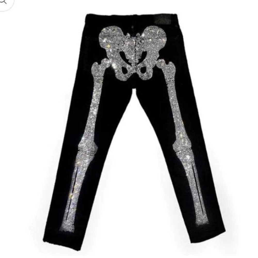 Klan Life Clothing Women’s Skeleton Rhinestone Denim Pants